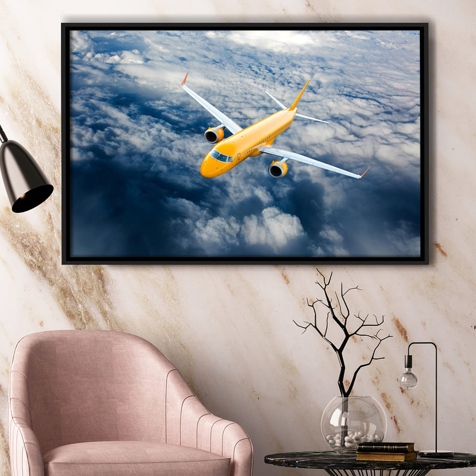 Airplane Fly Through Clouds Framed Canvas Prints Wall Art Decor - Painting Canvas, Black Framed Picture