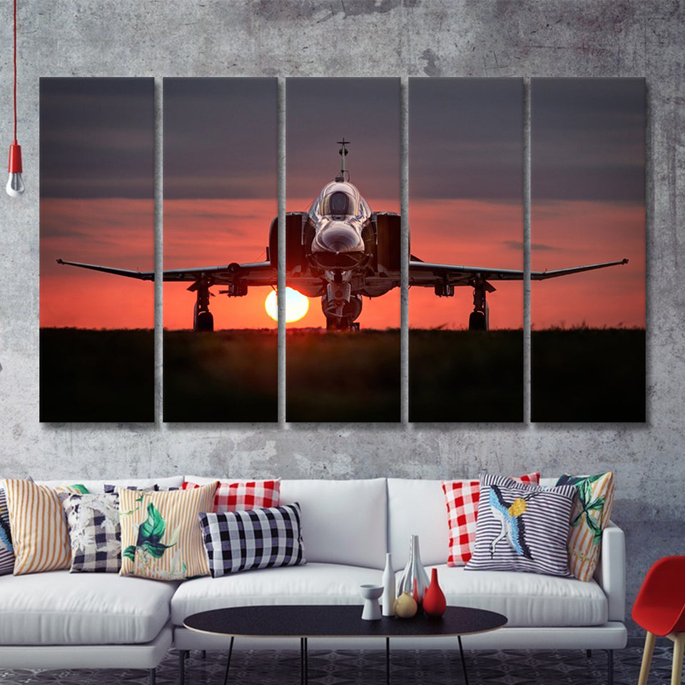 Airplane Jet In Sunset View 5 Piece B Canvas Prints Wall Art Decor - Painting Canvas, Multi Panels