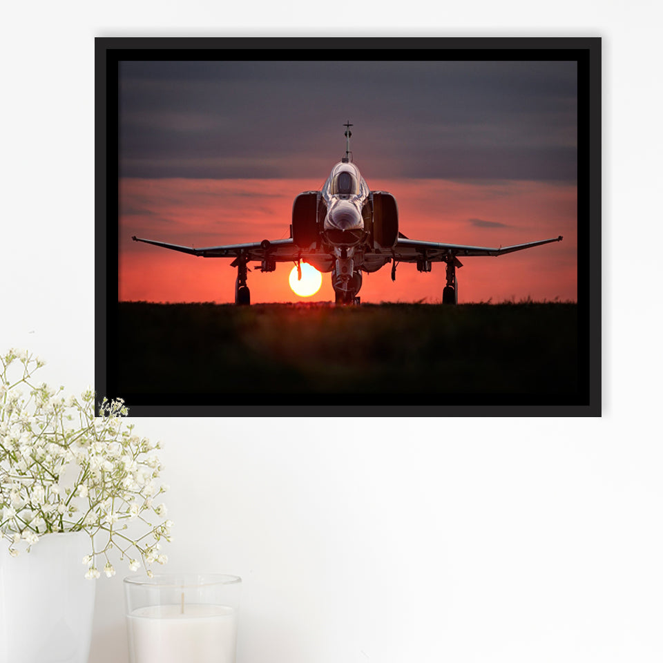 Airplane Jet In Sunset View Framed Canvas Prints Wall Art Decor - Painting Canvas, Black Framed Picture