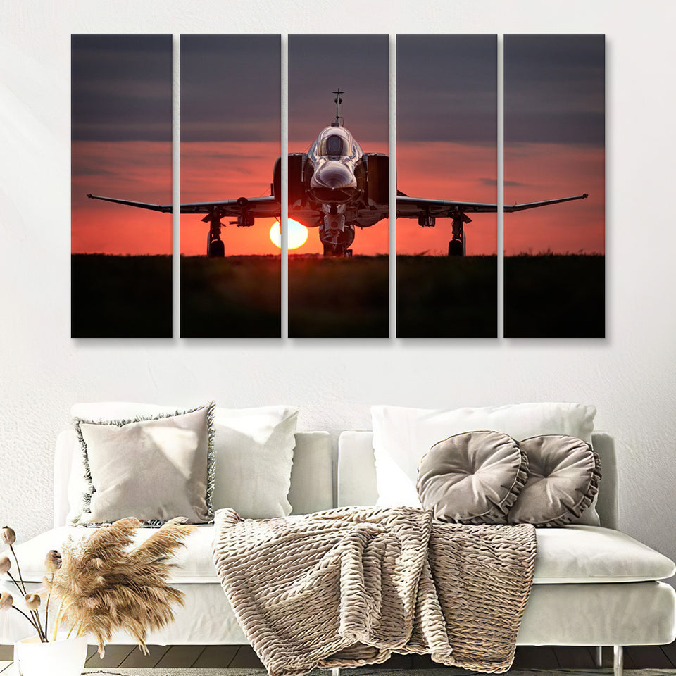 Airplane Jet In Sunset View 5 Piece B Canvas Prints Wall Art Decor - Painting Canvas, Multi Panels
