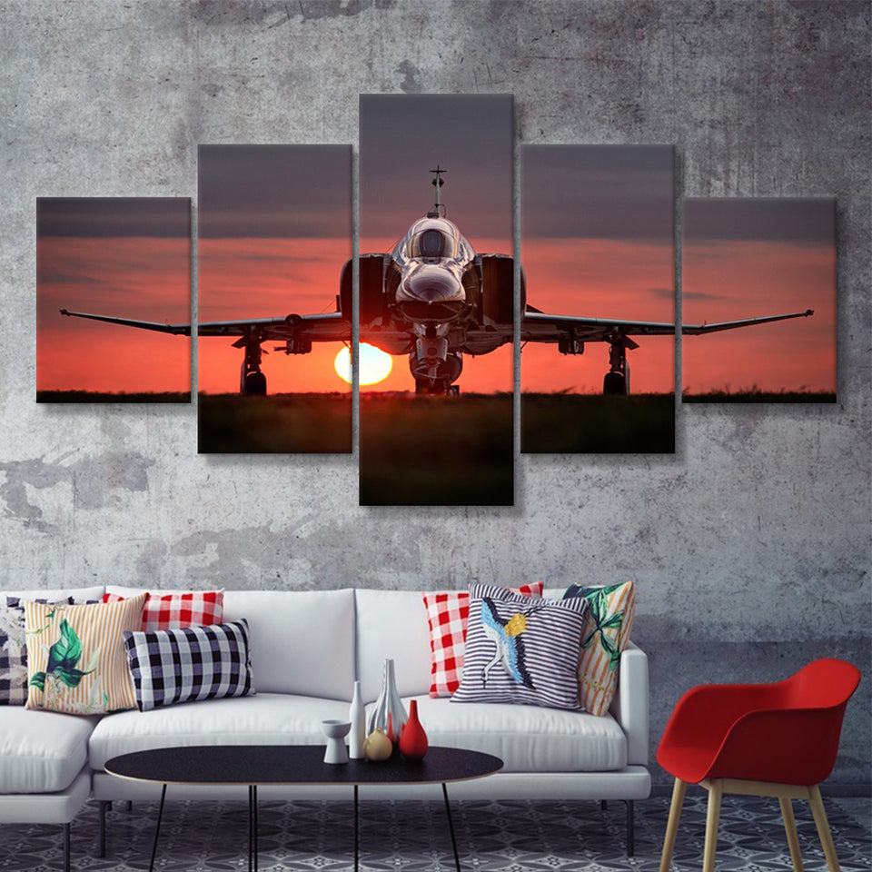 Airplane Jet In Sunset View 5 Piece Canvas Prints Wall Art Decor - Painting Canvas, Multi Panels