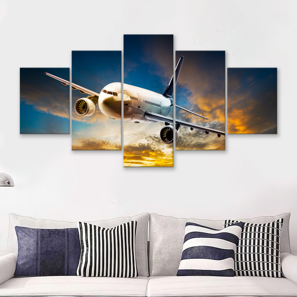 Airplane Flying At Sunset 5 Piece Canvas Prints Wall Art Decor - Painting Canvas, Multi Panels