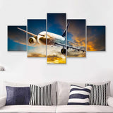 Airplane Flying At Sunset 5 Piece Canvas Prints Wall Art Decor - Painting Canvas, Multi Panels