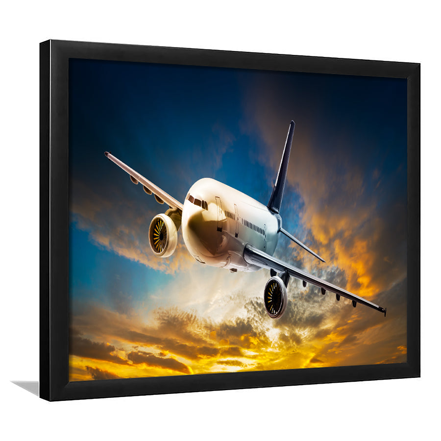 Airplane Flying At Sunset Framed Art Prints Wall Decor - Painting Art, Framed Picture, Ready to Hang
