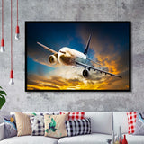 Airplane Flying At Sunset Framed Art Prints Wall Decor - Painting Art, Framed Picture, Ready to Hang