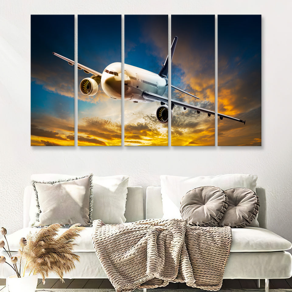 Airplane Flying At Sunset 5 Piece B Canvas Prints Wall Art Decor - Painting Canvas, Multi Panels