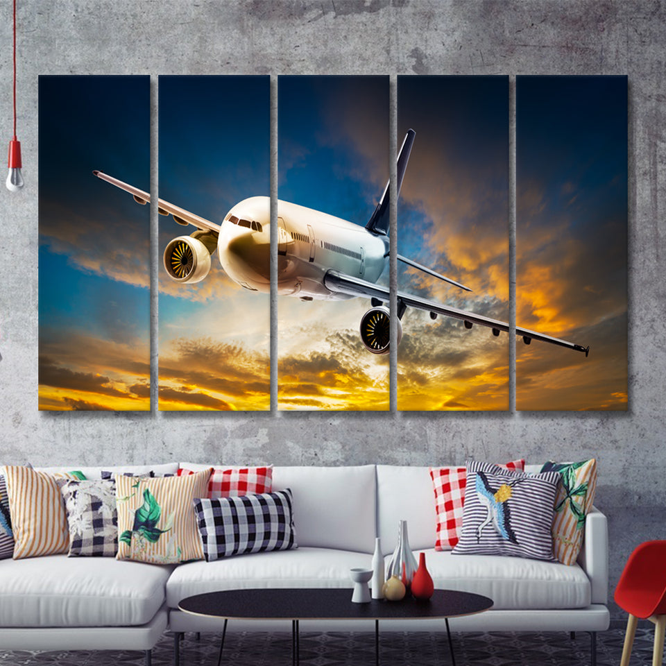 Airplane Flying At Sunset 5 Piece B Canvas Prints Wall Art Decor - Painting Canvas, Multi Panels