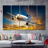 Airplane Flying At Sunset 5 Piece B Canvas Prints Wall Art Decor - Painting Canvas, Multi Panels
