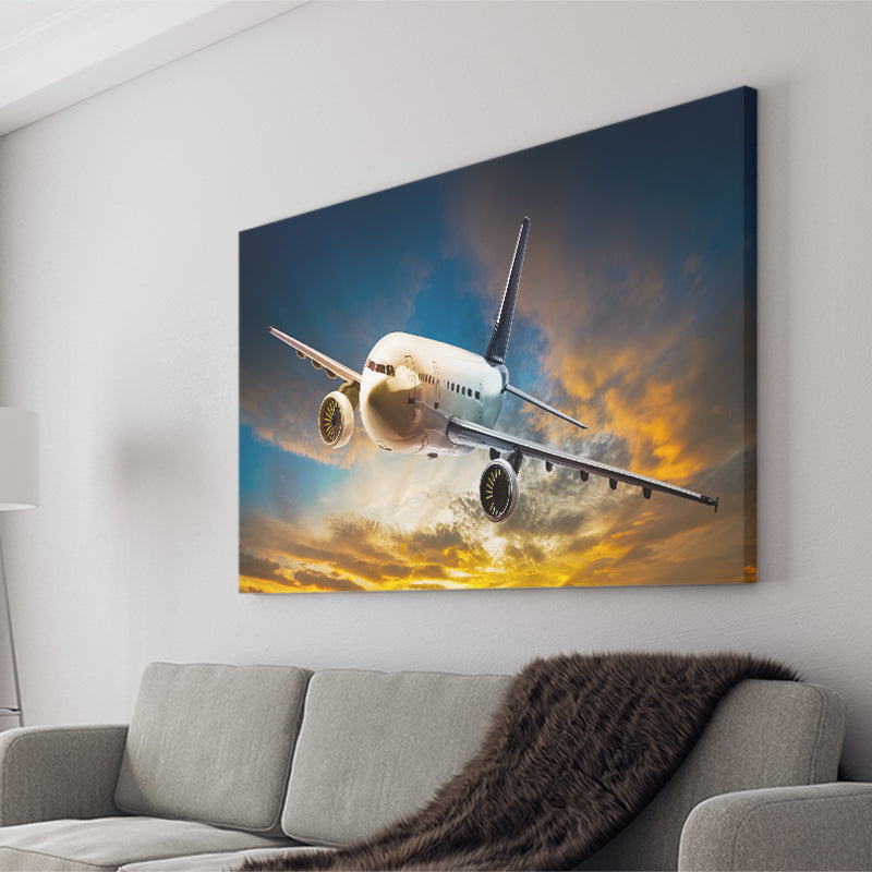 Airplane Flying At Sunset Canvas Prints Wall Art Decor - Painting Canvas, Art Prints, Ready to Hang