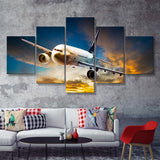 Airplane Flying At Sunset 5 Piece Canvas Prints Wall Art Decor - Painting Canvas, Multi Panels