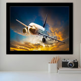 Airplane Flying At Sunset Framed Art Prints Wall Decor - Painting Art, Framed Picture, Ready to Hang