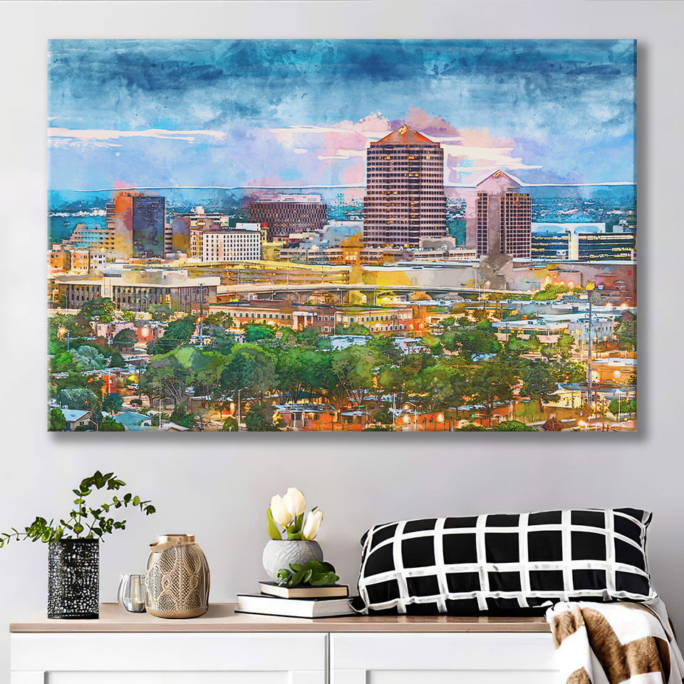 Albuquerque New Mexico Usa Downtown Cityscape City Art Watercolor Canvas Prints Wall Art Home Decor, Large Canvas