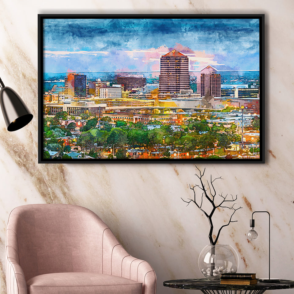 Albuquerque New Mexico Usa Downtown Cityscape City Art Watercolor Framed Canvas Prints Wall Art Home Decor,Floating Frame