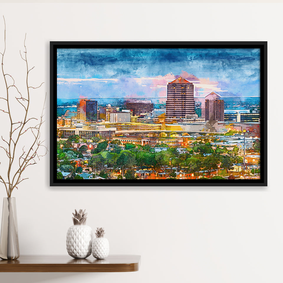 Albuquerque New Mexico Usa Downtown Cityscape City Art Watercolor Framed Canvas Prints Wall Art Home Decor,Floating Frame