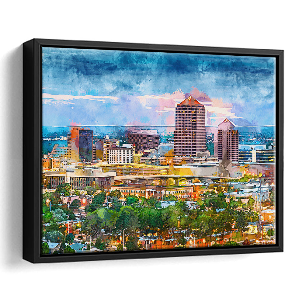 Albuquerque New Mexico Usa Downtown Cityscape City Art Watercolor Framed Canvas Prints Wall Art Home Decor,Floating Frame