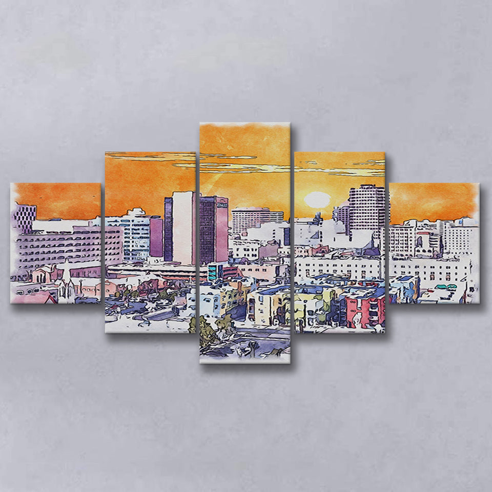 Albuquerque Watercolor Albuquerque New Mexico, 5 Pieces, Multi Panel Canvas Prints Wall Art Decor