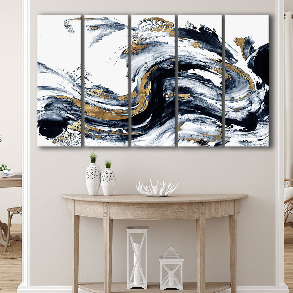 Alcohol Ink Wall Art, White Gold Marble, Multi Panels, 5 Pieces B, Canvas Prints Wall Art Home Decor,X Large Canvas