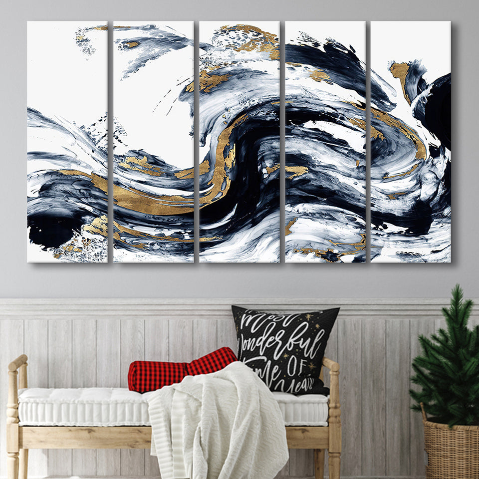 Alcohol Ink Wall Art, White Gold Marble, Multi Panels, 5 Pieces B, Canvas Prints Wall Art Home Decor,X Large Canvas