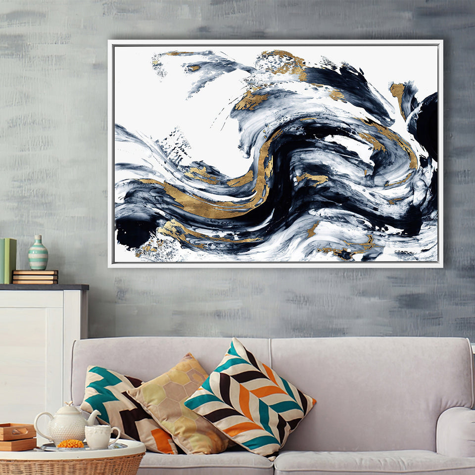Alcohol Ink Wall Art, White Gold Marble, Framed Canvas Prints Wall Art Home Decor,Floating Frame, Ready to Hang