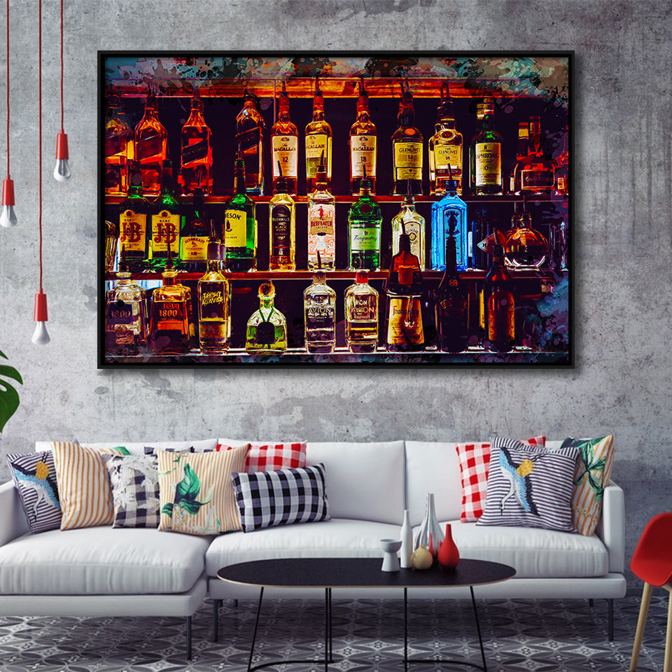 Alcohol Wall Art, Bottles With Alcohol Drinks, Alcohol Painting, Framed Canvas Prints Wall Art Home Decor,Floating Frame
