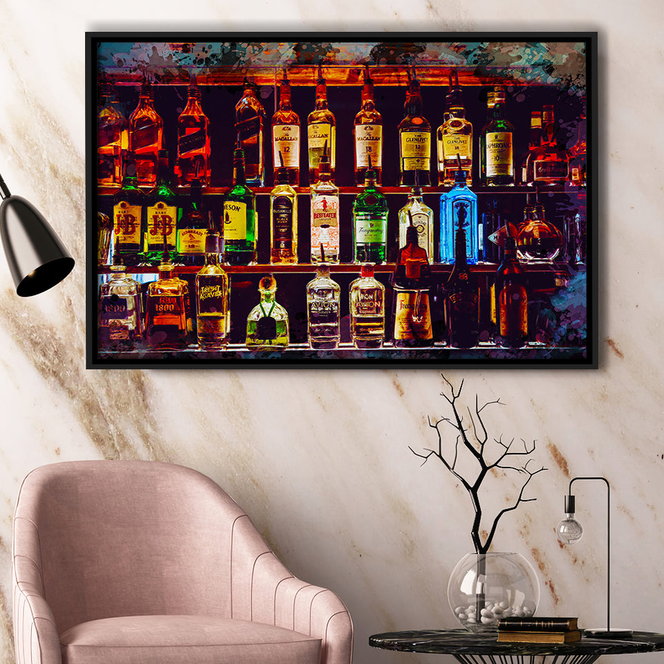 Alcohol Wall Art, Bottles With Alcohol Drinks, Alcohol Painting, Framed Canvas Prints Wall Art Home Decor,Floating Frame