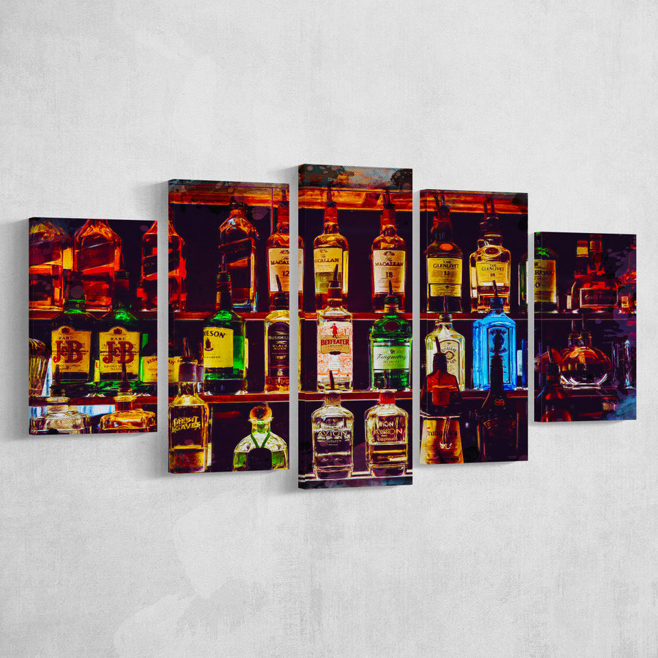 Alcohol Wall Art, Bottles With Alcohol Drinks, Alcohol Painting, Multi Panels, 5 Pieces, Canvas Prints Wall Art Home Decor
