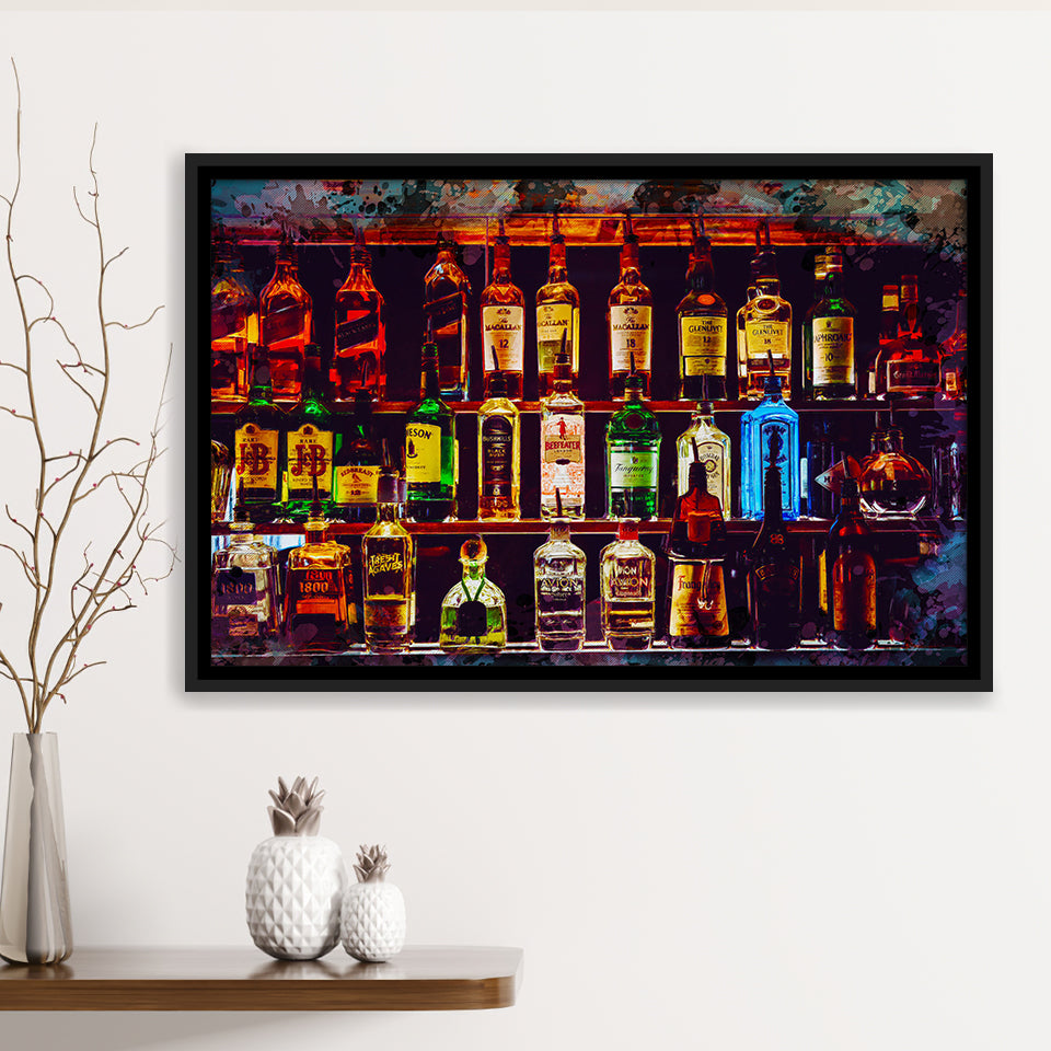 Alcohol Wall Art, Bottles With Alcohol Drinks, Alcohol Painting, Framed Canvas Prints Wall Art Home Decor,Floating Frame