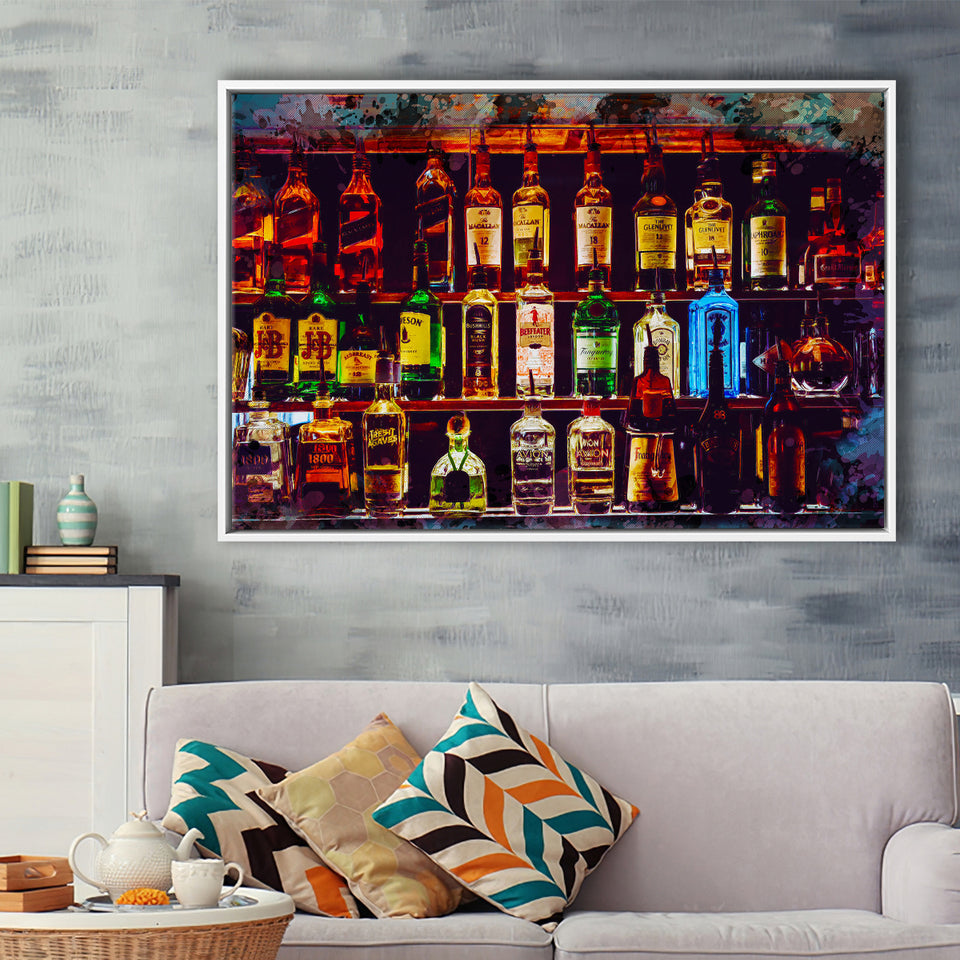 Alcohol Wall Art, Bottles With Alcohol Drinks, Alcohol Painting, Framed Canvas Prints Wall Art Home Decor,Floating Frame