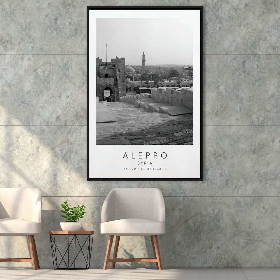 Aleppo, Syria Black And White Art Framed Canvas Prints Wall Art Home Decor, Floating Frame
