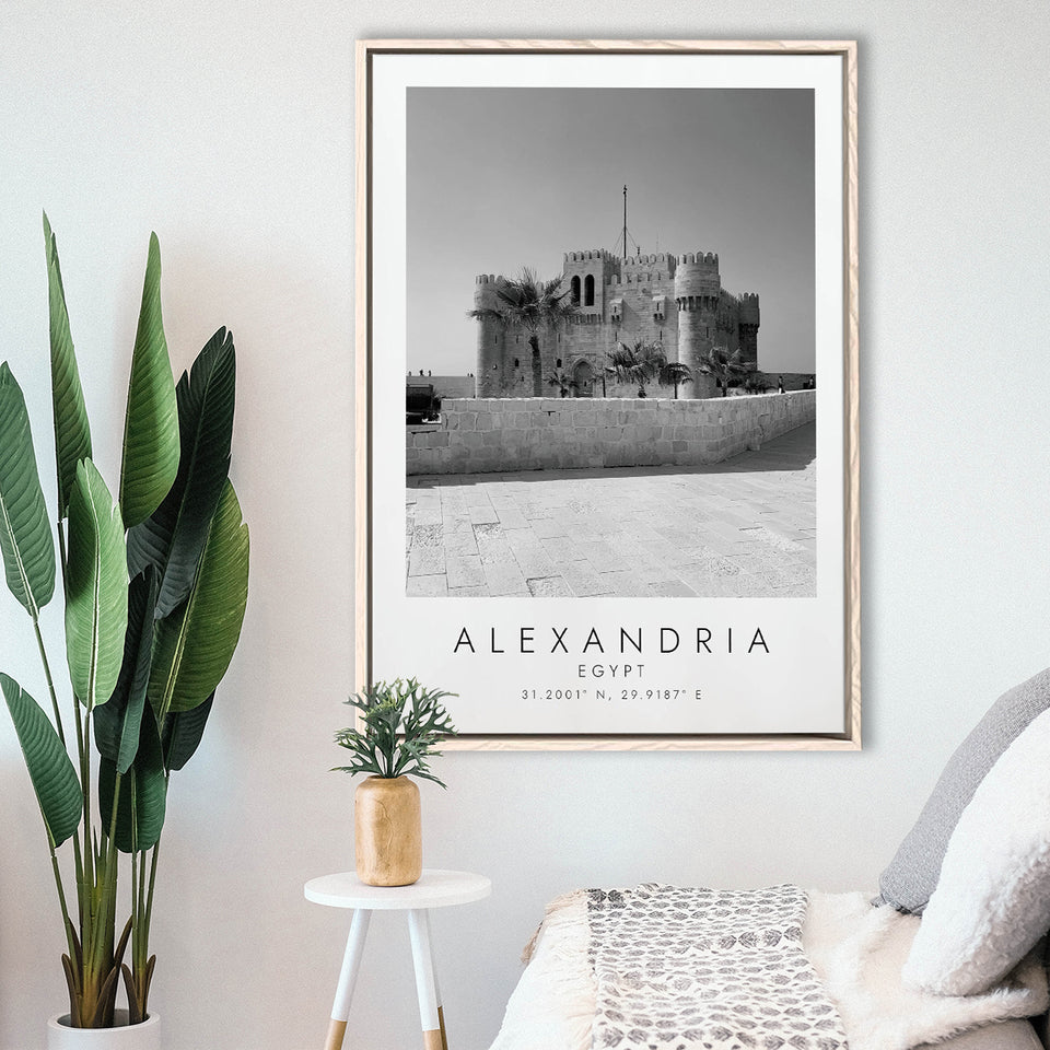 Alexandria, Egypt Black And White Art Framed Canvas Prints Wall Art Home Decor, Floating Frame