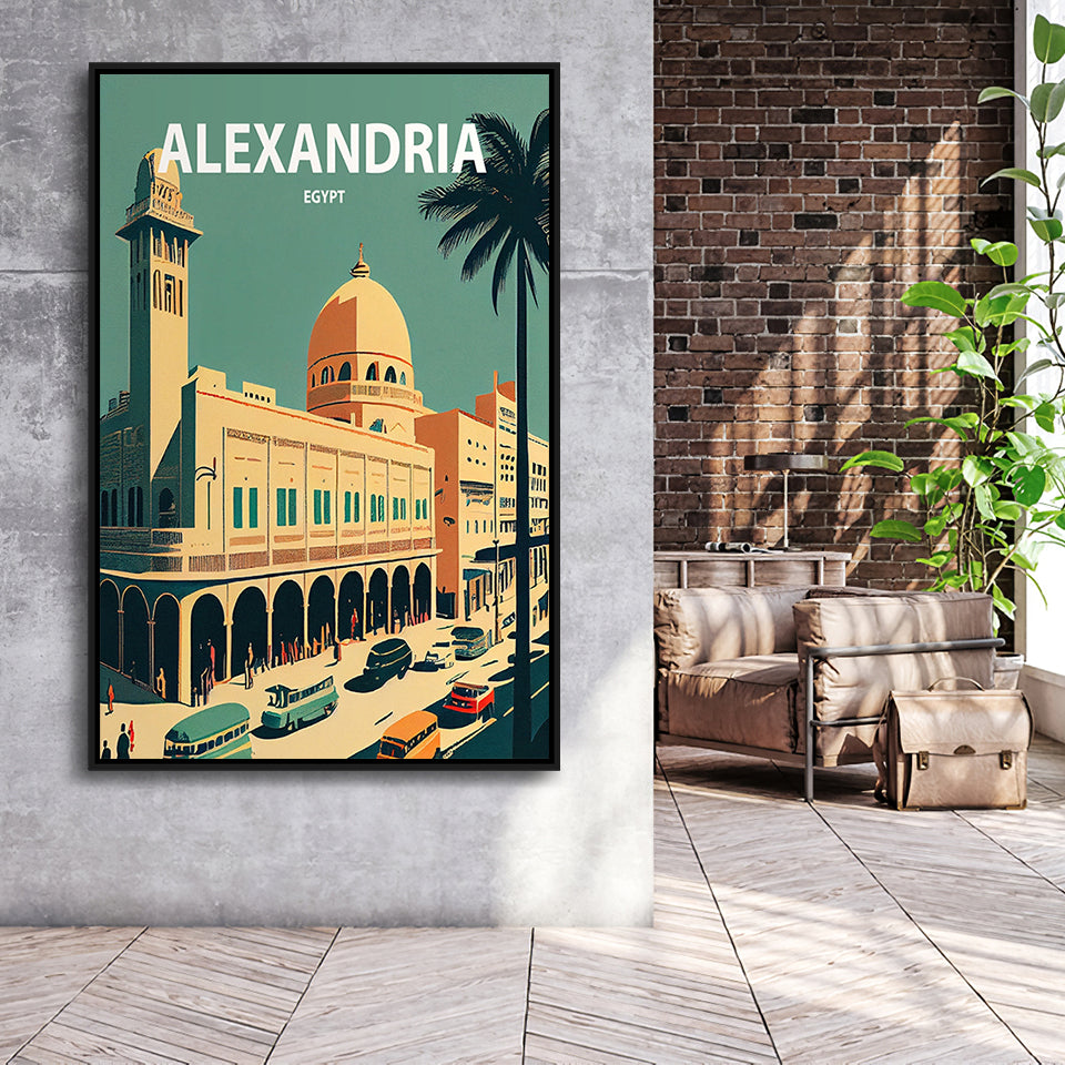 Alexandria Retro Art Print, Large Canvas, Framed Canvas Print Wall Art Home Decor, Floating Frame