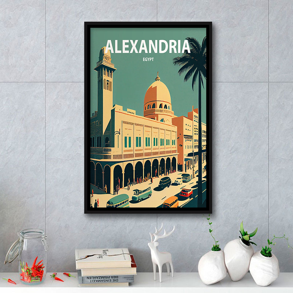 Alexandria Retro Art Print, Large Canvas, Framed Canvas Print Wall Art Home Decor, Floating Frame