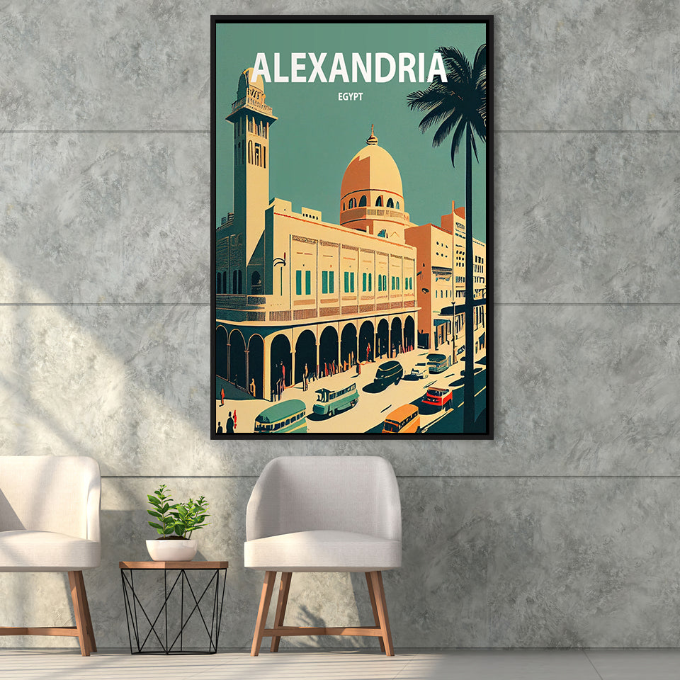 Alexandria Retro Art Print, Large Canvas, Framed Canvas Print Wall Art Home Decor, Floating Frame
