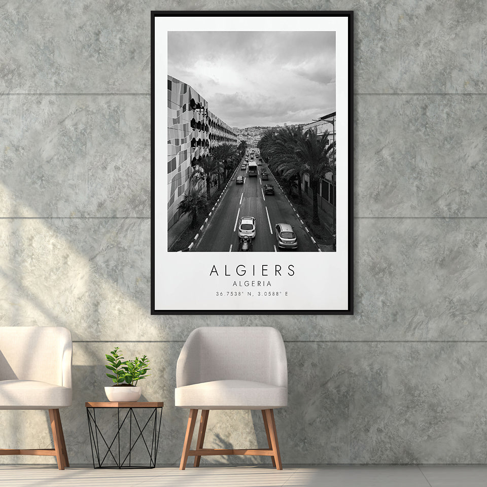 Algiers, Algeria Black And White Art Framed Canvas Prints Wall Art Home Decor, Floating Frame