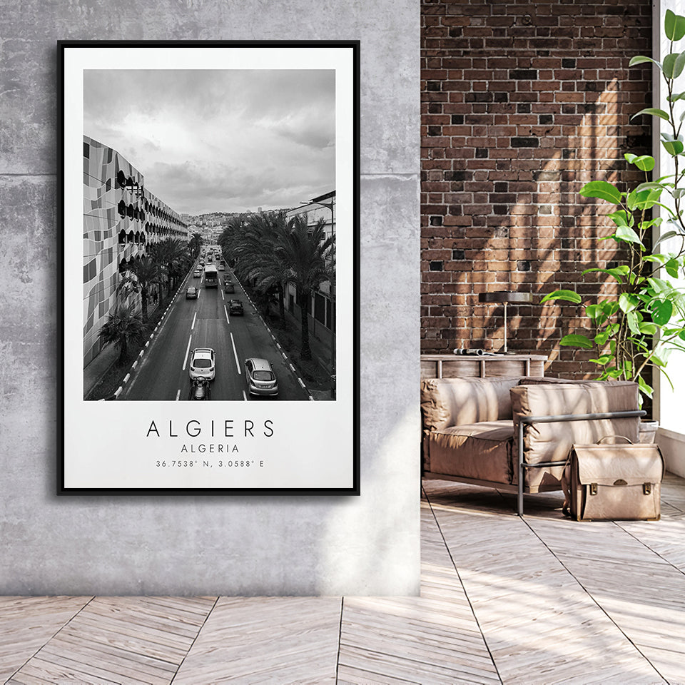 Algiers, Algeria Black And White Art Framed Canvas Prints Wall Art Home Decor, Floating Frame