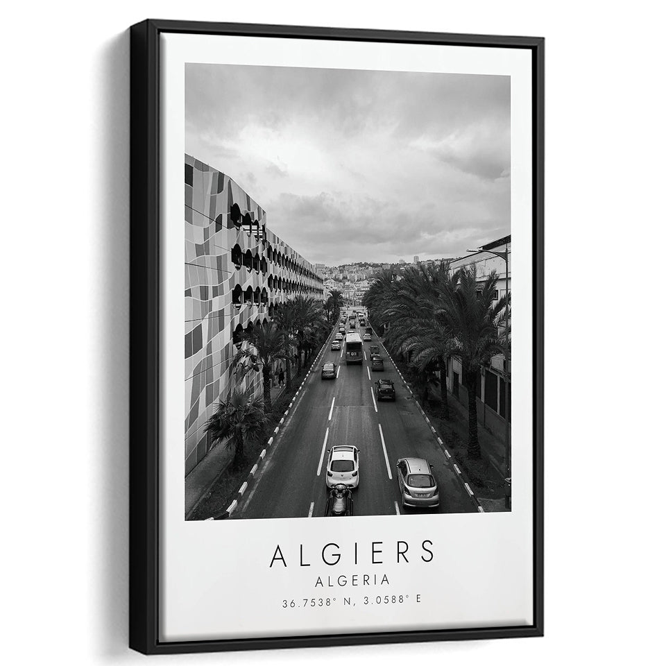 Algiers, Algeria Black And White Art Framed Canvas Prints Wall Art Home Decor, Floating Frame