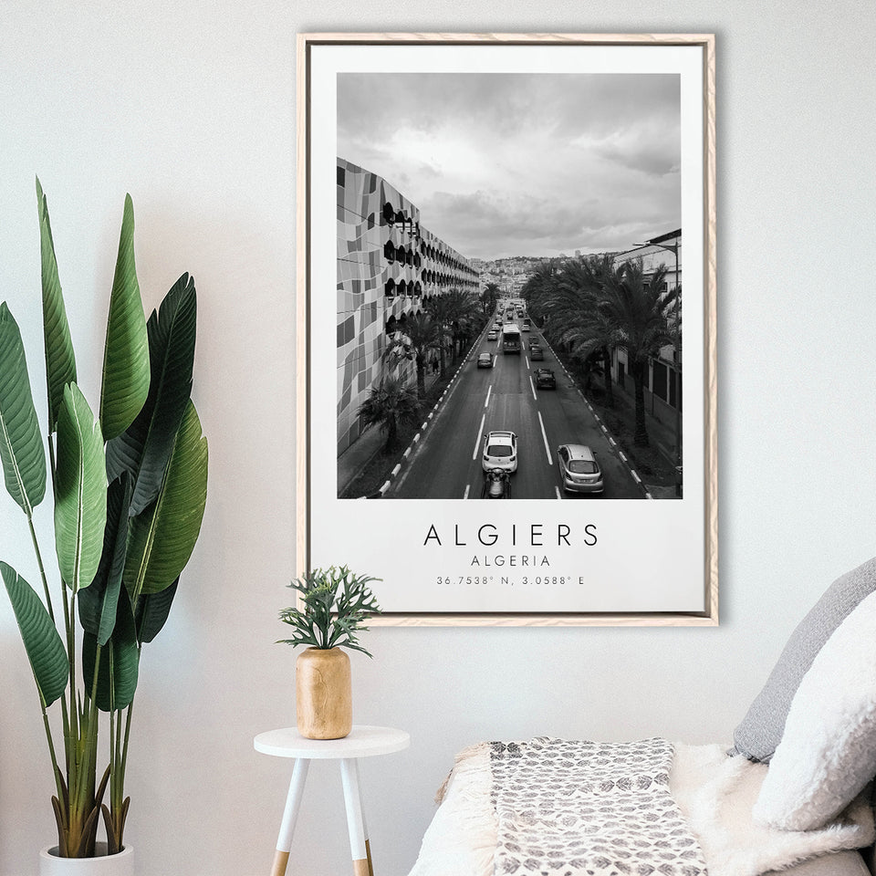 Algiers, Algeria Black And White Art Framed Canvas Prints Wall Art Home Decor, Floating Frame