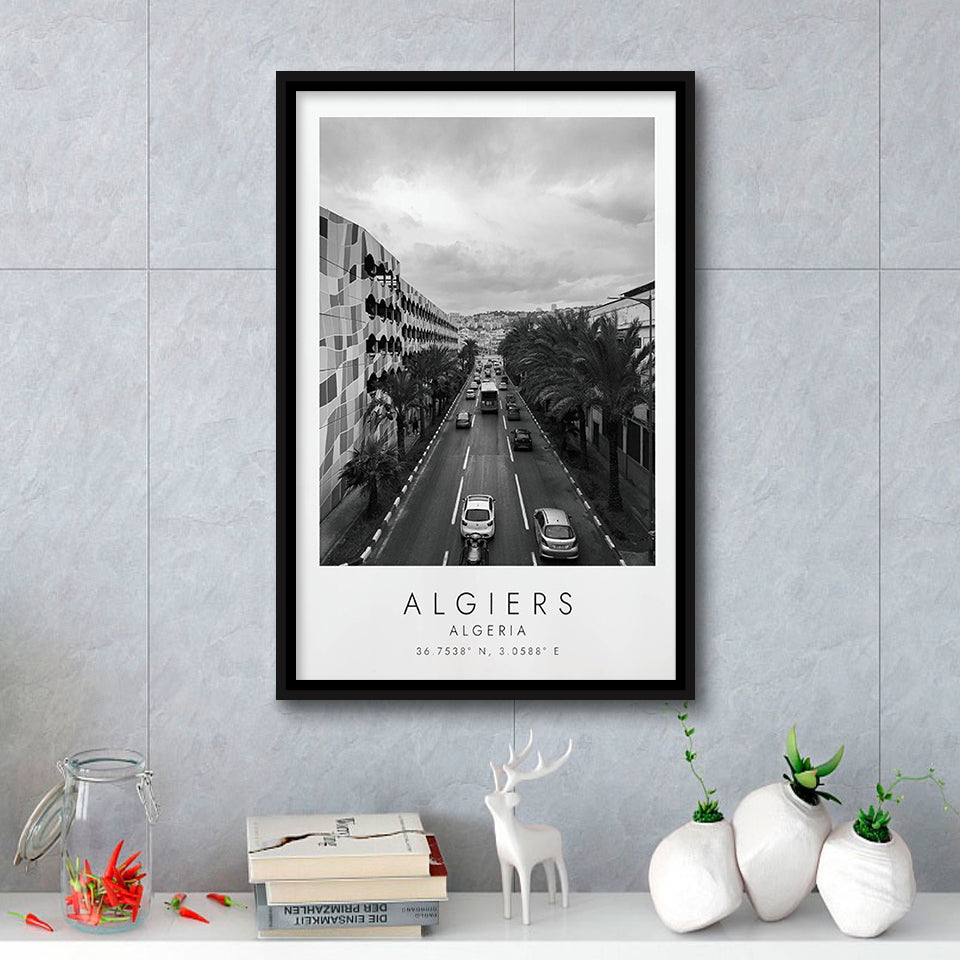 Algiers, Algeria Black And White Art Framed Canvas Prints Wall Art Home Decor, Floating Frame