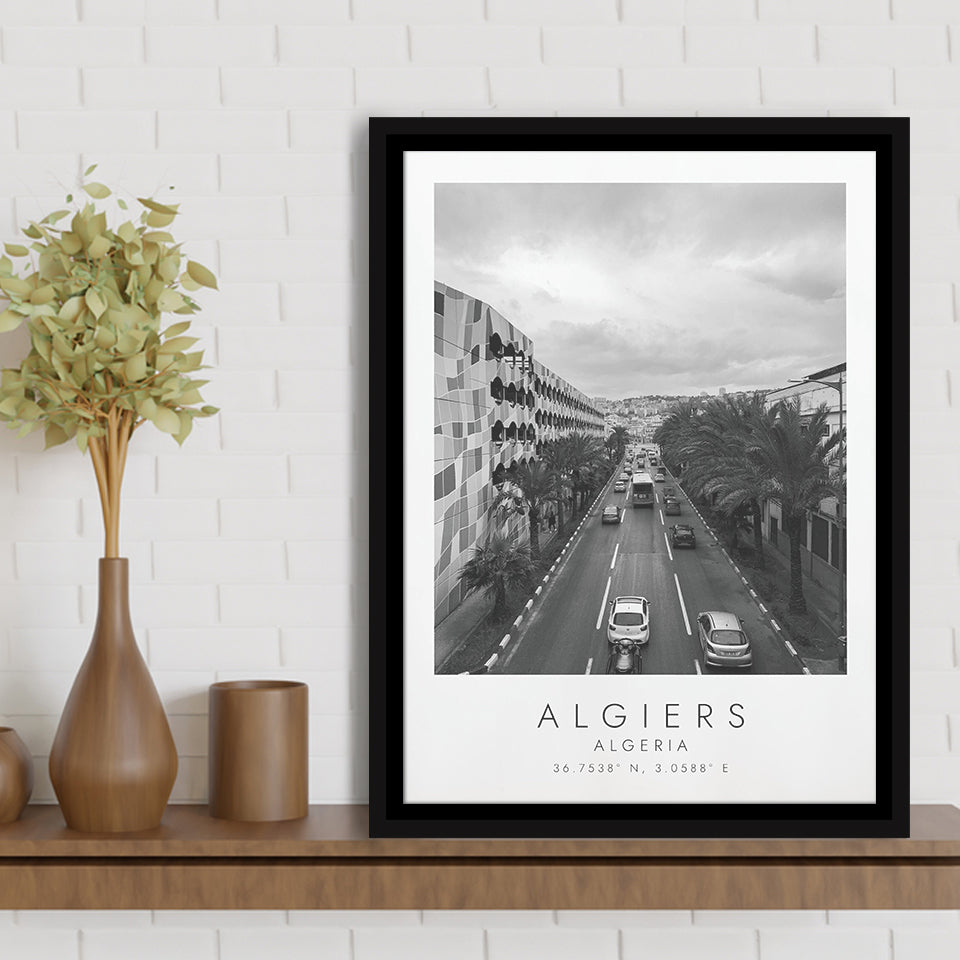 Algiers, Algeria Black And White Art Framed Canvas Prints Wall Art Home Decor, Floating Frame
