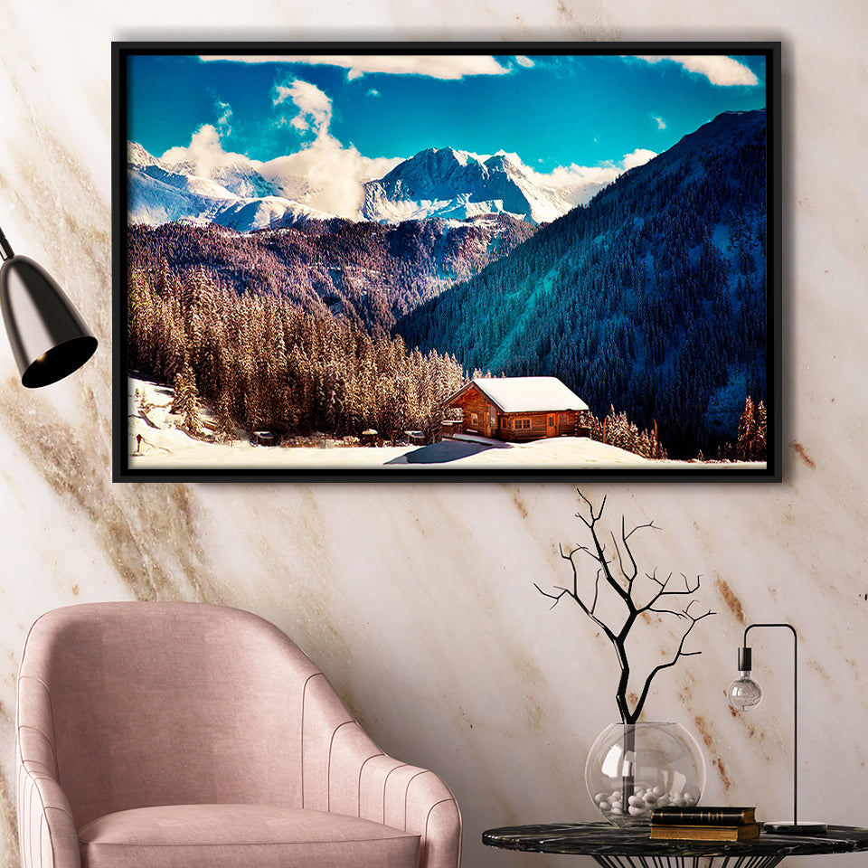 Alps Mountains House In Mountains Framed Canvas Prints Wall Art Decor, Framed Picture, Floating Frame