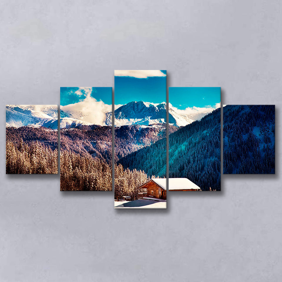 Alps Mountains House In Mountains 5 Piece Canvas Prints Wall Art Decor, Multi Panels, Mixed Canvas