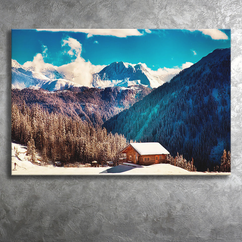 Alps Mountains House In Mountains Canvas Prints Wall Art Decor - Painting Canvas,Home Decor, Ready to Hang
