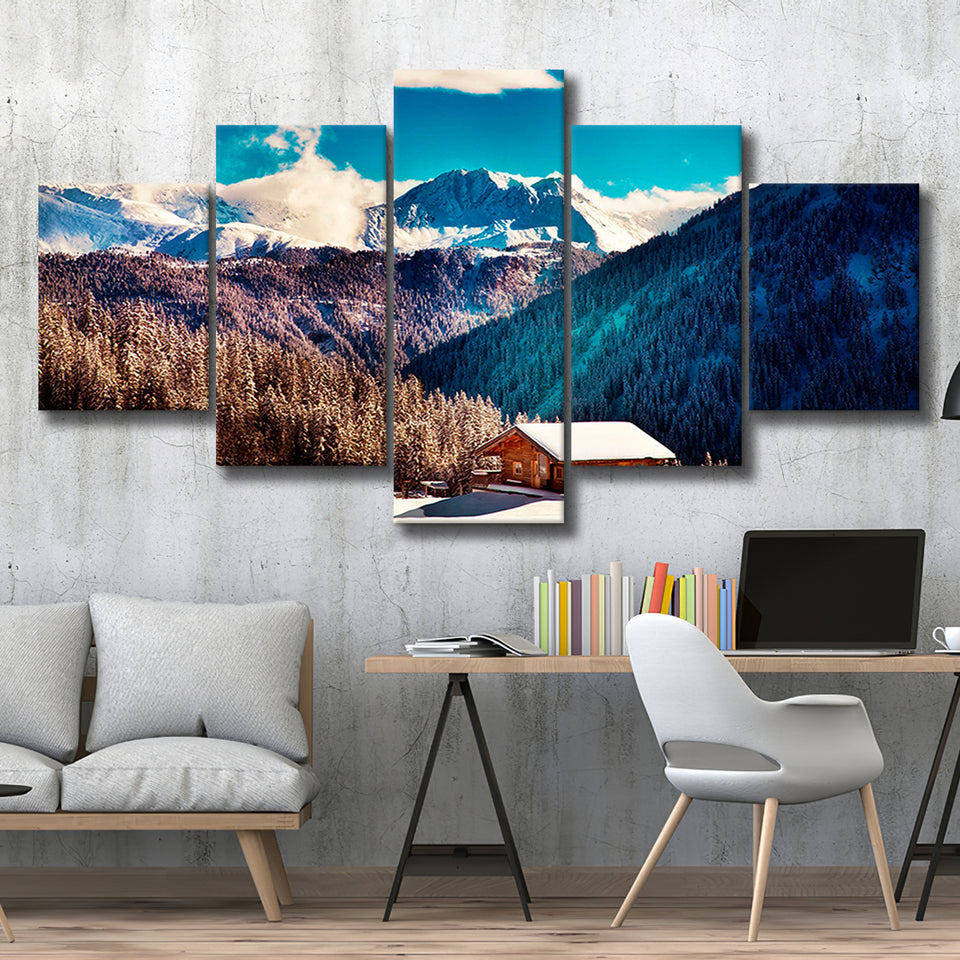Alps Mountains House In Mountains 5 Piece Canvas Prints Wall Art Decor, Multi Panels, Mixed Canvas