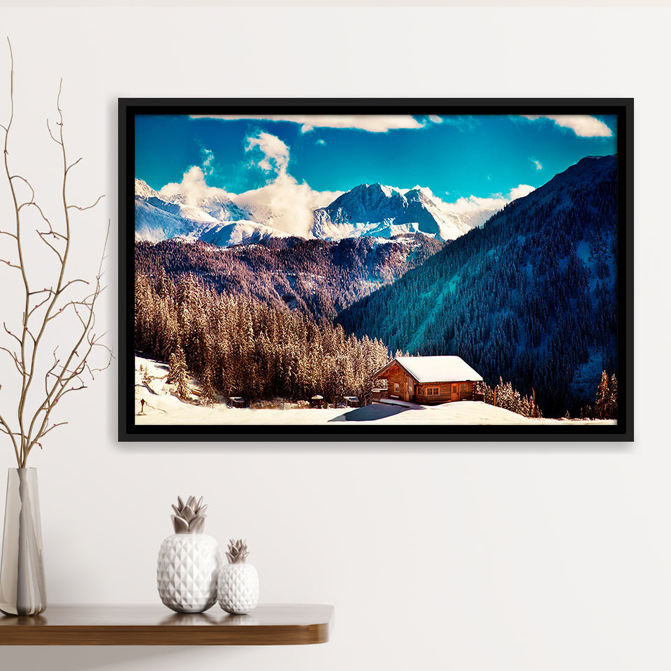 Alps Mountains House In Mountains Framed Canvas Prints Wall Art Decor, Framed Picture, Floating Frame