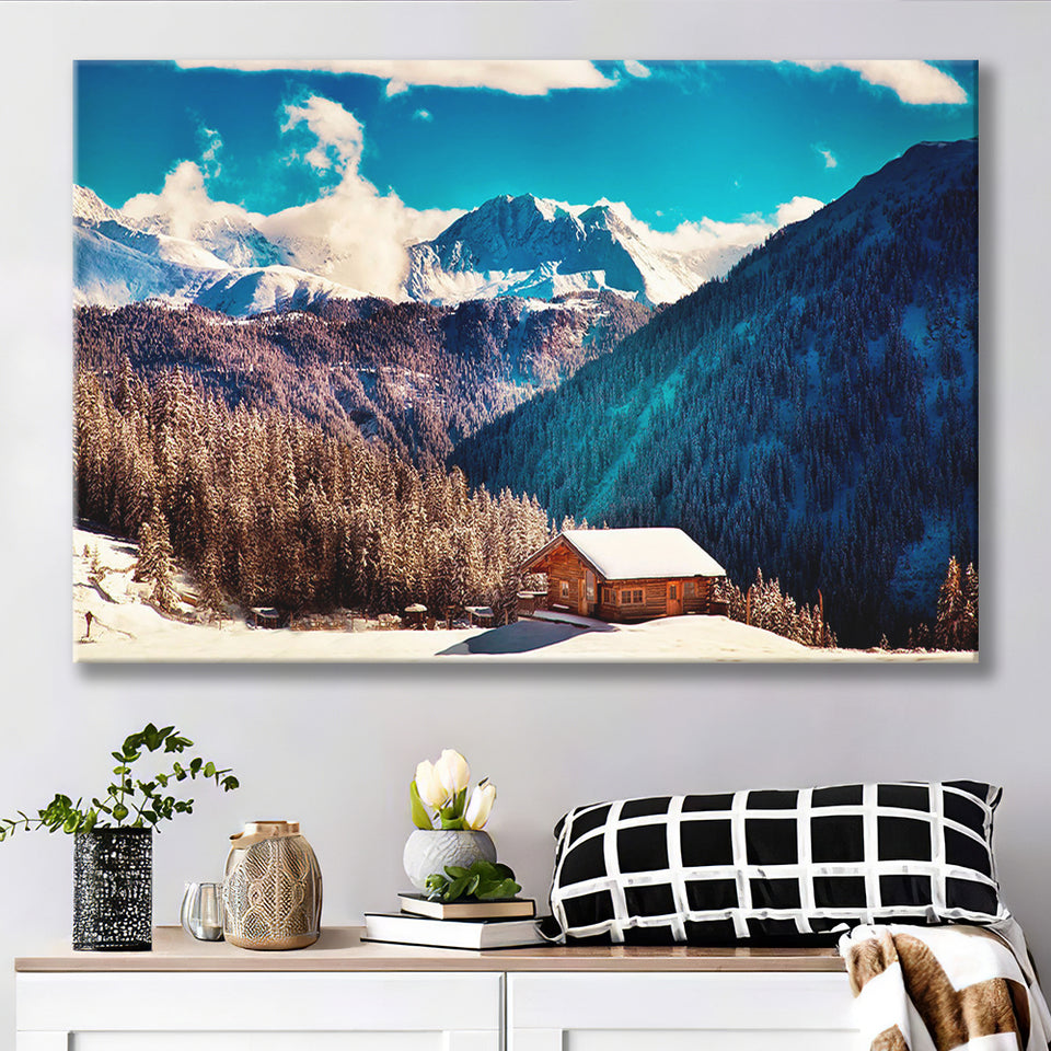 Alps Mountains House In Mountains Canvas Prints Wall Art Decor - Painting Canvas,Home Decor, Ready to Hang