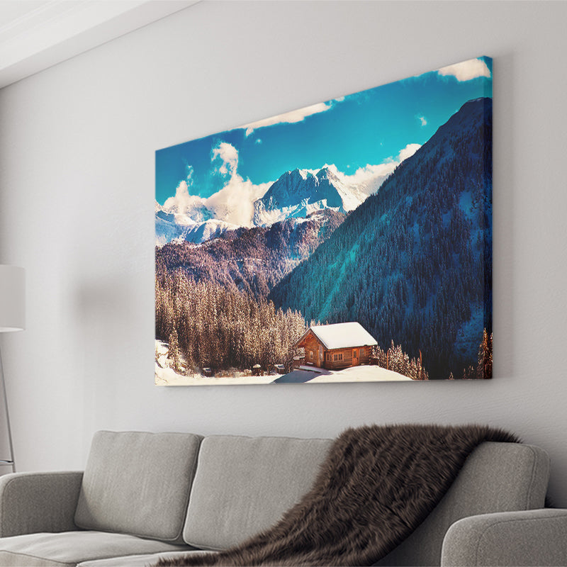 Alps Mountains House In Mountains Canvas Prints Wall Art Decor - Painting Canvas,Home Decor, Ready to Hang
