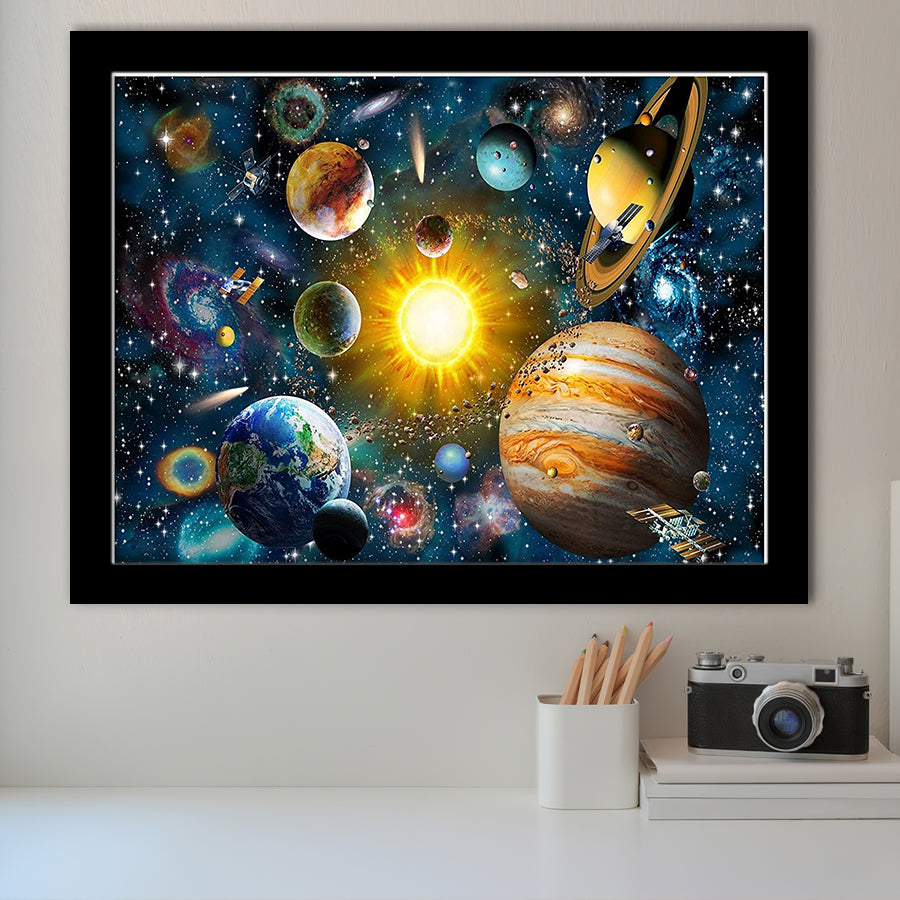Red Bus Prints® Space Galaxy Canvas Wall Art – Planets & Stars – Large Sizes – Handmade Giclee Print On Solid Pine Frame