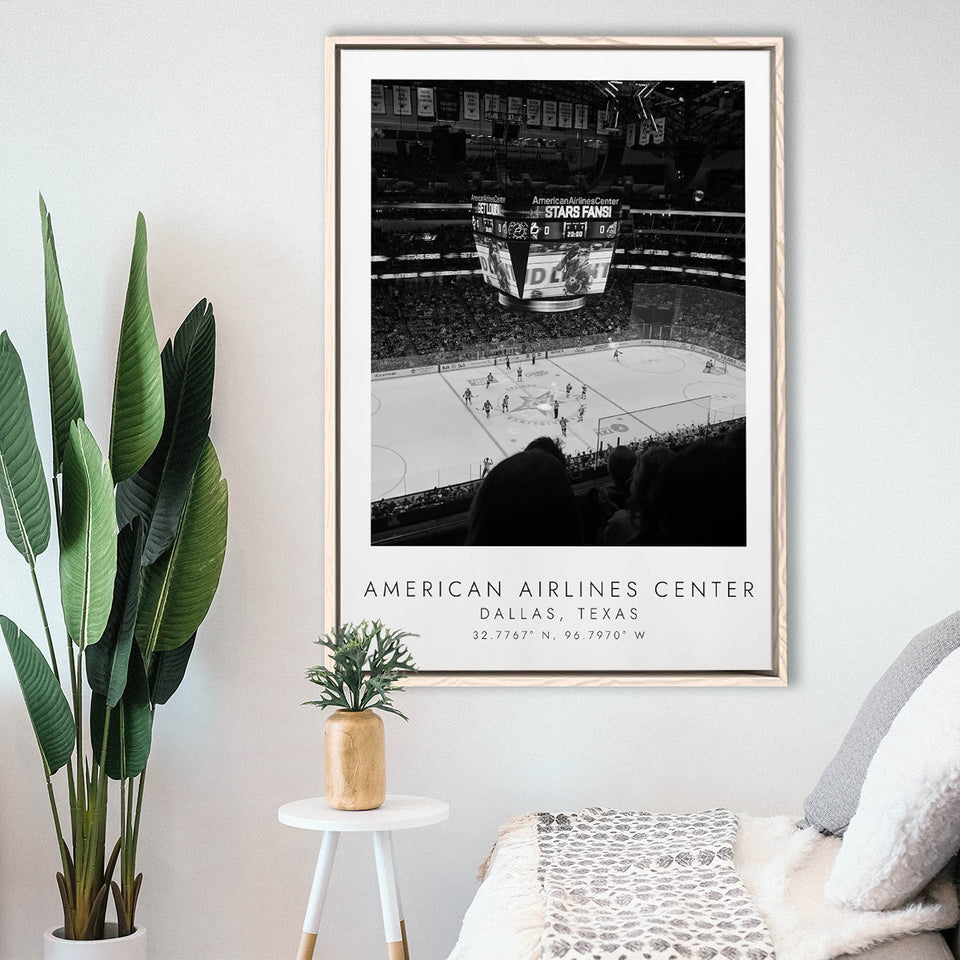 American Airlines Center Dallas Stars Black And White Art Framed Canvas Prints Wall Art Home Decor, Floating Frame