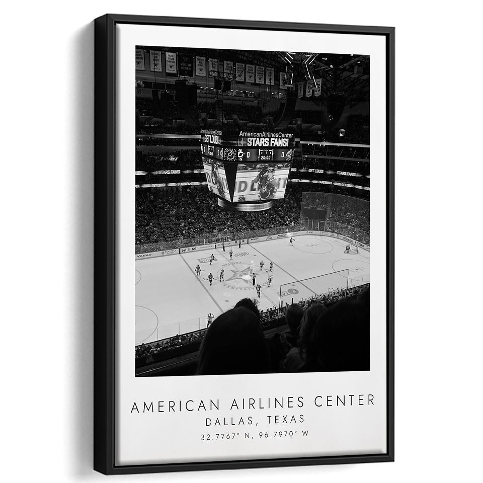 American Airlines Center Dallas Stars Black And White Art Framed Canvas Prints Wall Art Home Decor, Floating Frame