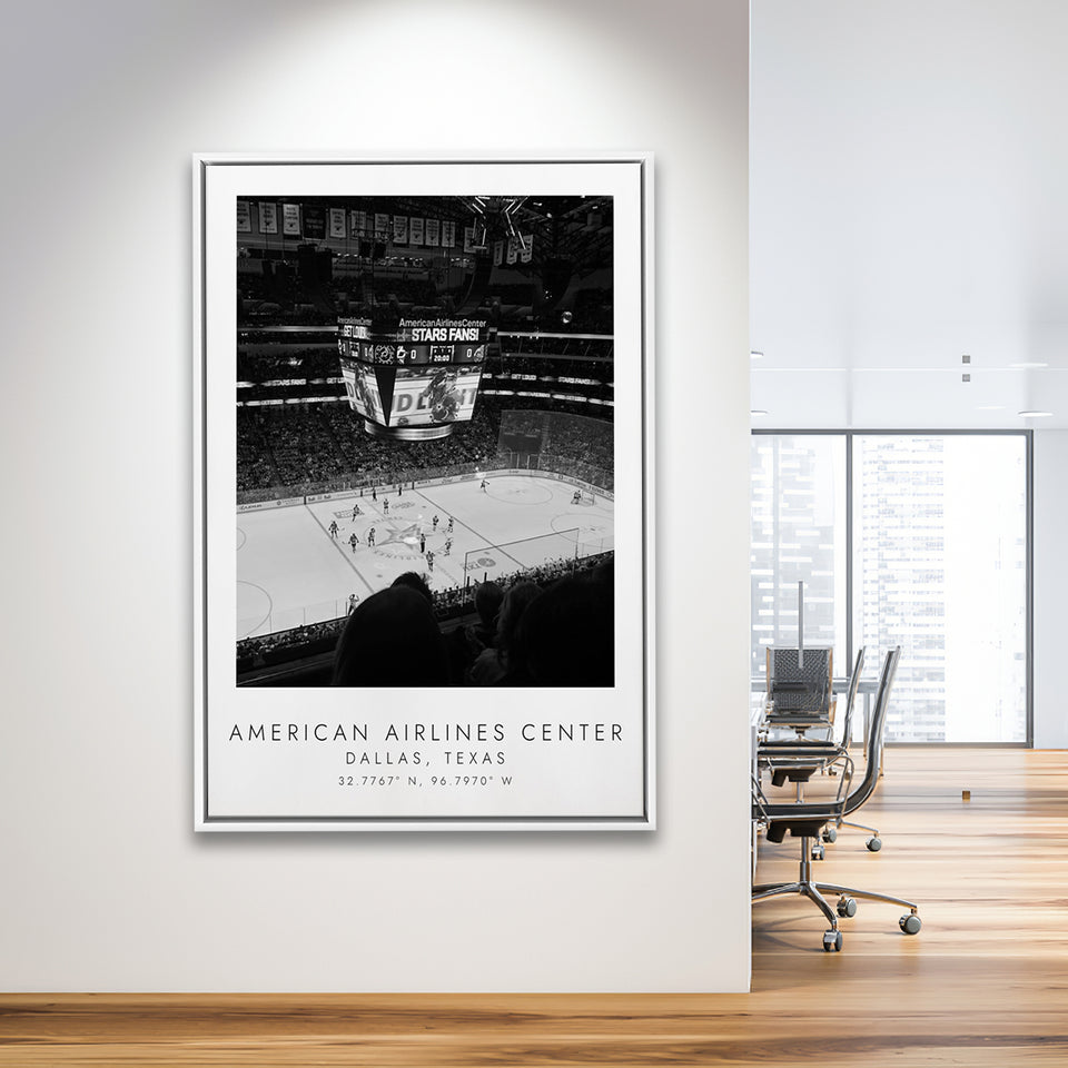 American Airlines Center Dallas Stars Black And White Art Framed Canvas Prints Wall Art Home Decor, Floating Frame